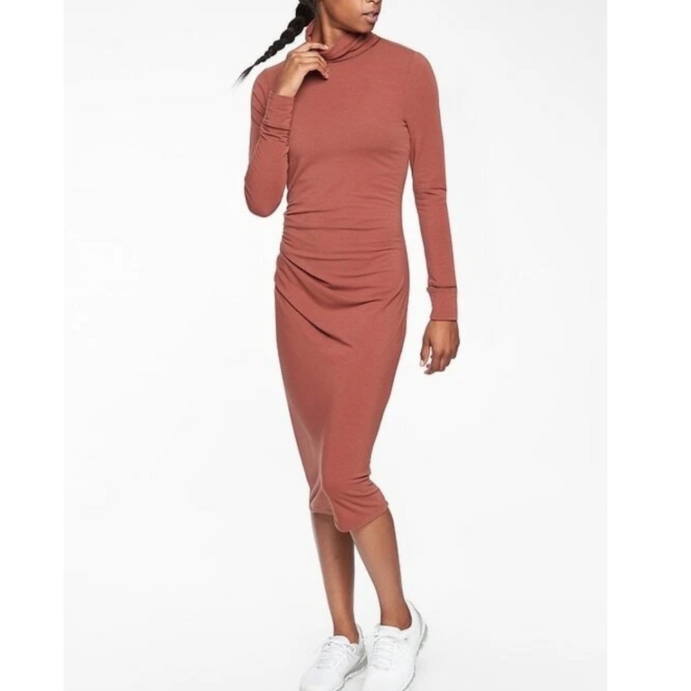 Athleta Women's XS Turtleneck Long Sleeve Ruched Midi Dress Brown - Picture 2 of 8